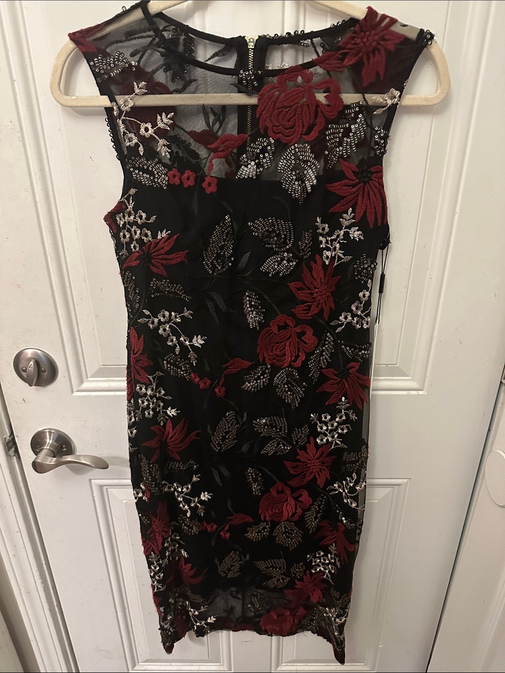 NWT Calvin Klein Embroidered Black Sheath Dress with Wine Red Floral Appliqué 4